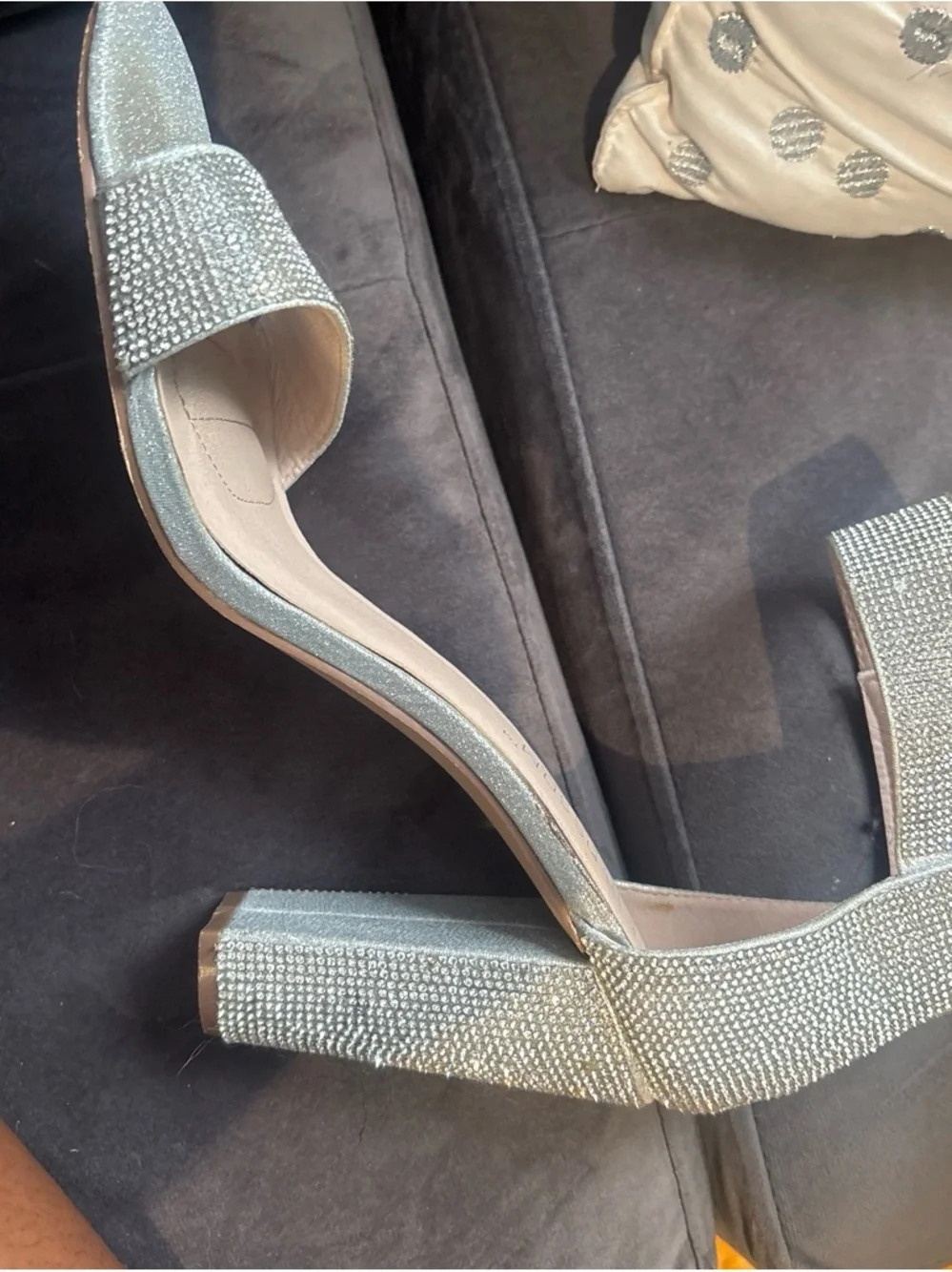 Silver Rhinestone Block Heel Sandals - Women